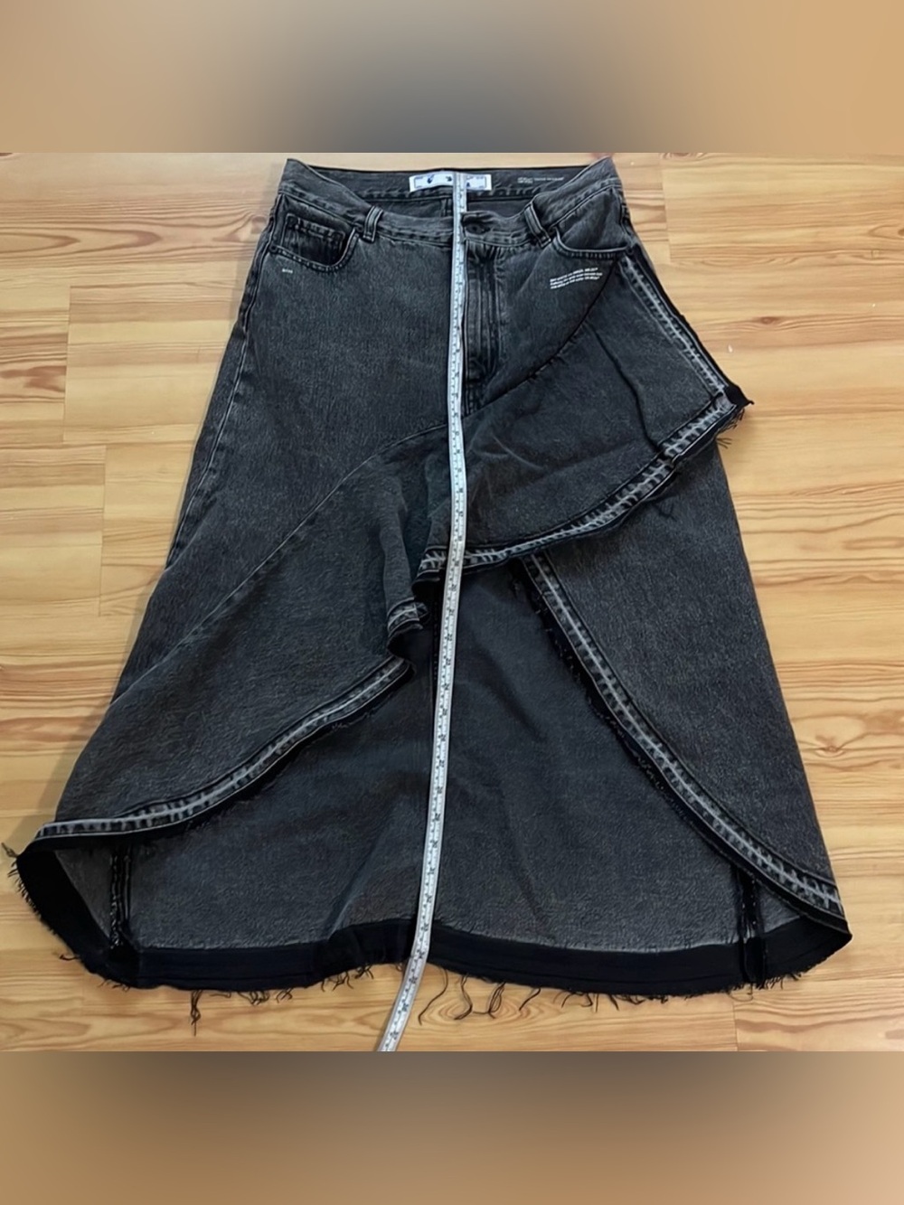 Off-White Denim Maxi Skirt asymmetrical hem condition black grey logo EUC - Picture 7 of 12